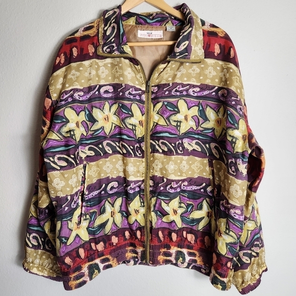 Silk Ncounter Womens Vintage 90s 100% Silk Floral Abstract Bomber Jacket-Size M - Picture 1 of 7